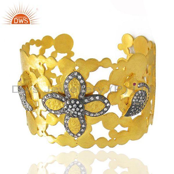 Exporter 22K Yellow Gold Plated Brass CZ Filigree Bridal Fashion Cuff Bracelet Bangle