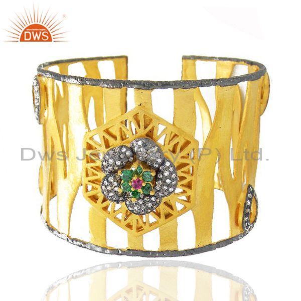 Exporter 22K Yellow Gold Plated Brass Multi CZ Designer Cuff Bracelet Wide Bangle