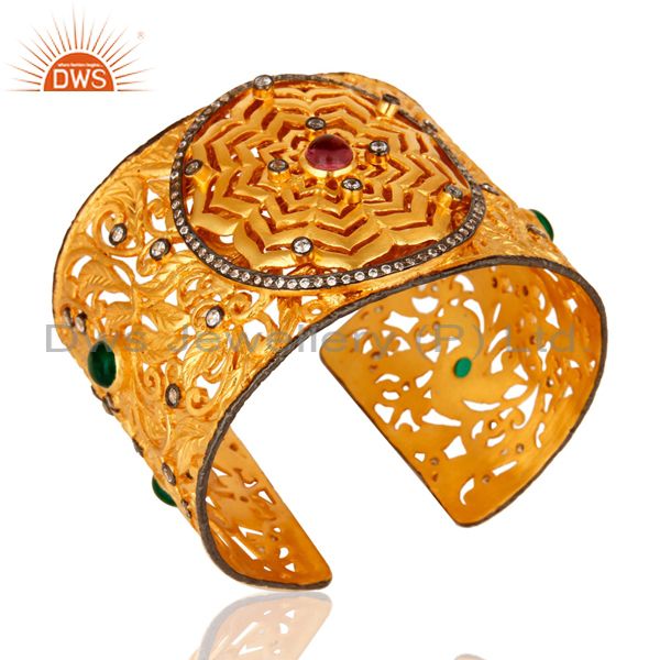 Exporter 24K Yellow Gold Plated Brass Cuff Wide Bangle With CZ And Hydro Gemstone