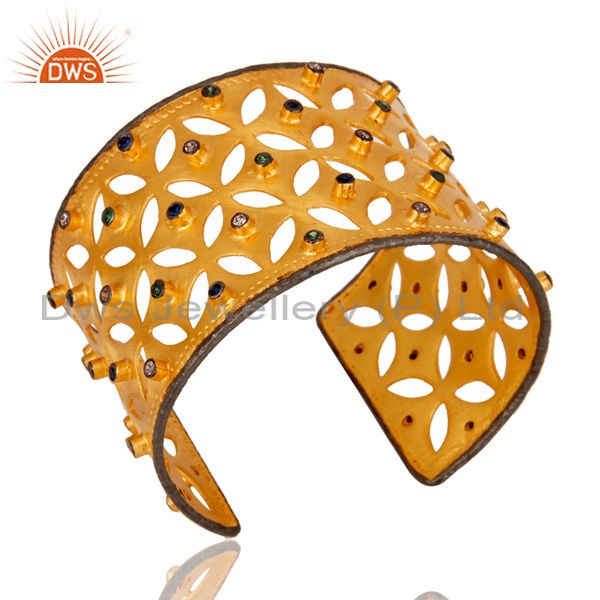Exporter 22K Yellow Gold Plated Brass Multi Color Zircon Bridal Fashion Cuff Bracelet