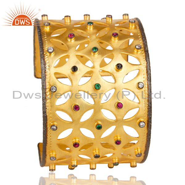 Exporter 24K Yellow Gold Plated Multi Cubic Zirconia Fashion Wide Cuff Bracelet Bangle