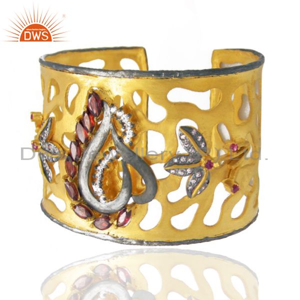 Exporter Handcrafted Gold Plated Garnet And CZ Floral Cuff