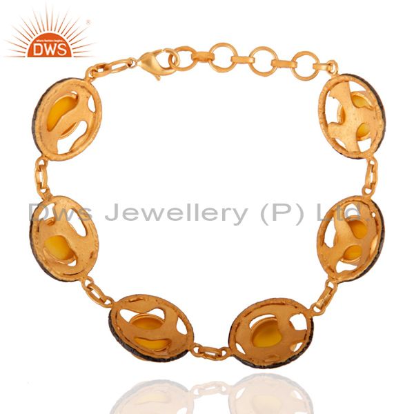 Exporter 8" Inch Yellow Chalcedony Gemstone 24K Gold Plated Bracelet Filigree Jewelry