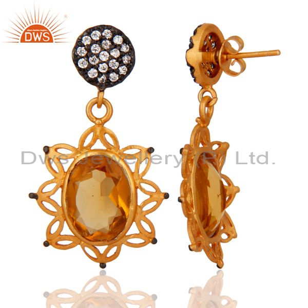 Exporter Hydro Citrine Gemstone Handcrafted 24K Gold Plated Gemstone Earrings With CZ