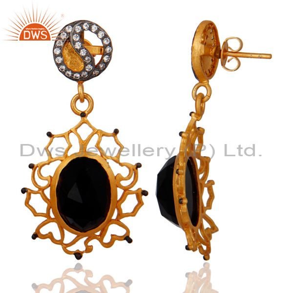 Exporter Handmade 18k Gold Plated Natural Black Onyx Dangle Earring With White Zircon