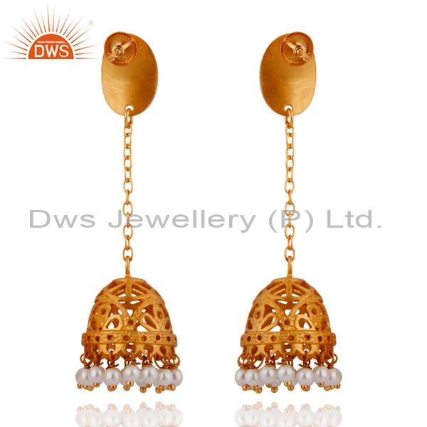 Exporter 24K Gold Plated Sterling Silver Hammered Pearl Long Chain Drop Jhumka Earrings