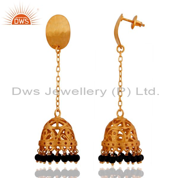 Exporter Indian Designer 925 Sterling Silver Gold Plated Black onyx Long Jhumkas Earrings