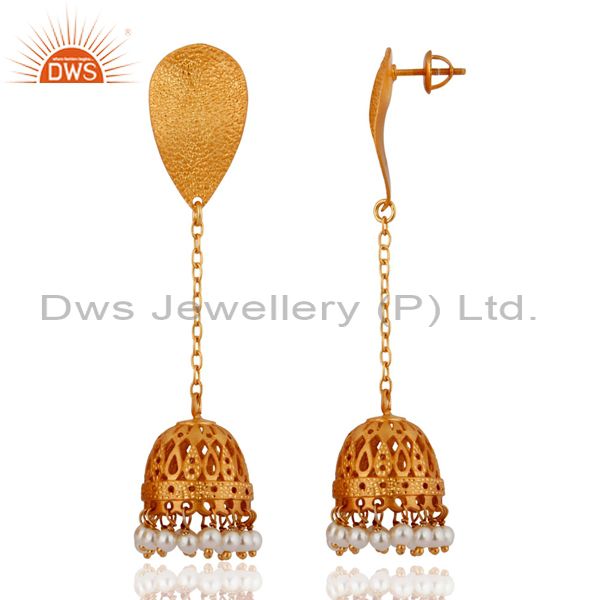 Exporter 22K Yellow Gold Plated Sterling Silver Pearl Beads Chain Dangle Jhumka Earrings