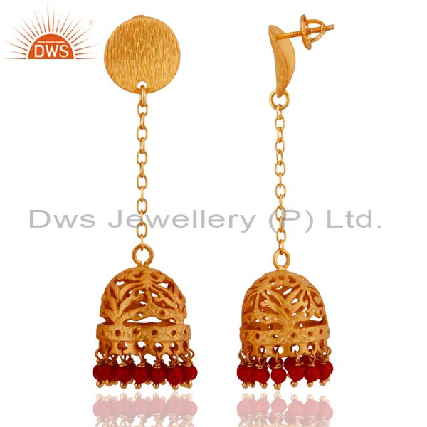 Exporter 18k Gold Plated 925 Sterling Silver Brush Finish Red Coral Jhumka Style Earrings