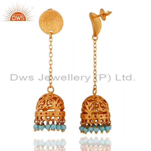 Exporter 925 Sterling Silver Turquoise Jewelry 18k Gold Plated Jhumka Designer Earrings