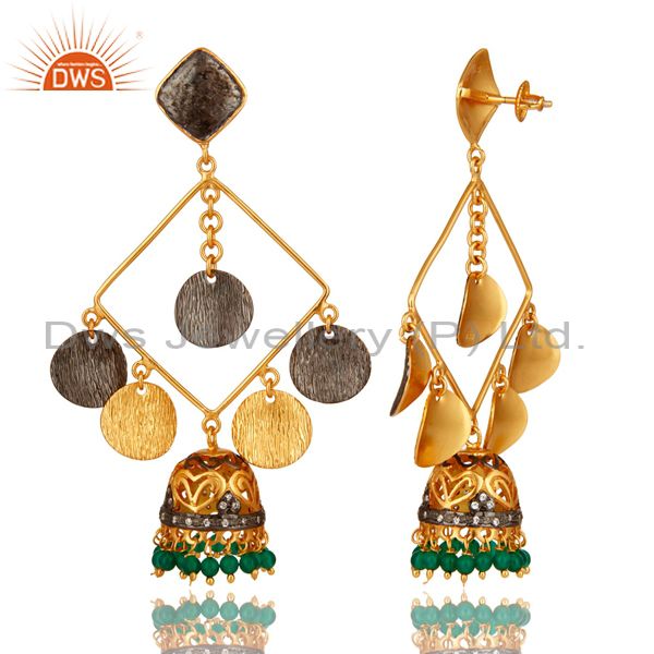 Exporter 22K Yellow Gold Plated Green Onyx Brushed Finish Jhumka Chandelier Earrings