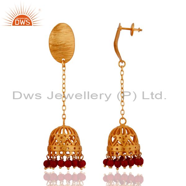 Exporter Red Coral Gemstone Beads Gold Plated Ethnic Designer Sterling Silver Earrings