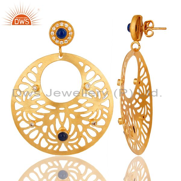 Exporter 14K Yellow Gold Plated Blue Aventurine And CZ Filigree Design Earrings