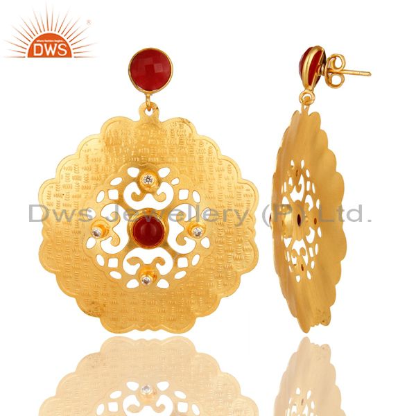 Exporter 18K Gold Plated Red Aventurine And Cubic Zirconia Handmade Dangle Earrings