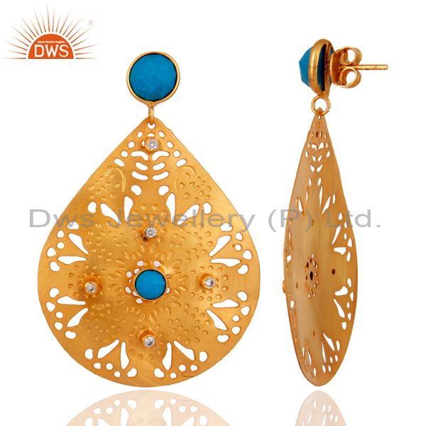 Exporter Handmade 24Karat Yellow Gold Plated Filigree Designer Dangle Turquoise Earrings