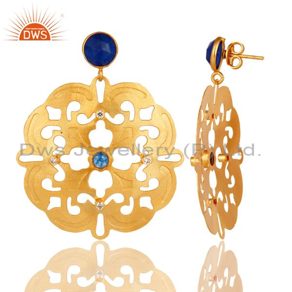 Exporter 14K Yellow Gold Plated Blue Aventurine And White Zircon Designer Earrings