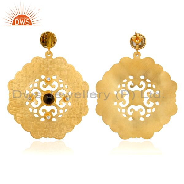 Exporter Indian Filigree Designer Circular Earring With Genuine Gemstone Lemon Tiopaz 18k