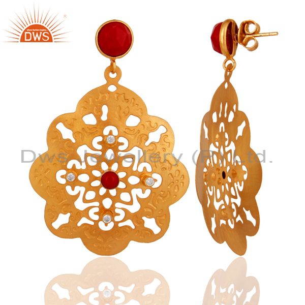Exporter Indian Handcrafted 18K Yellow Gold Plated Coral Gemstone Filigree Design Earring