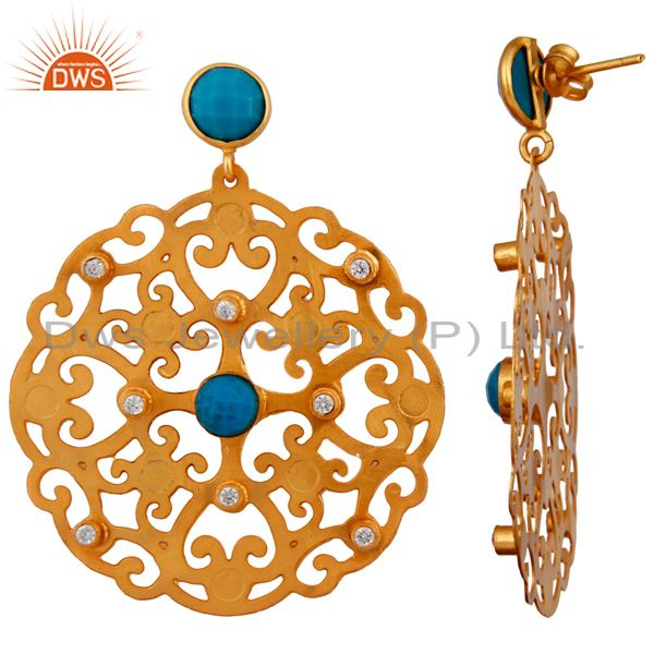 Exporter 24K Yellow Gold Plated Brass Turquoise And CZ Filigree Disc Design Drop Earrings