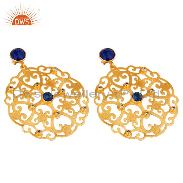 Exporter 24K Yellow Gold Plated Blue Aventurine Filigree Disc Designer Earrings With CZ
