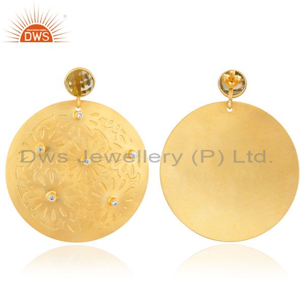 Exporter Solid Brass Metal 18k Gold Toned Lemon Quartz Disc Design Circle CZ Stud Earring