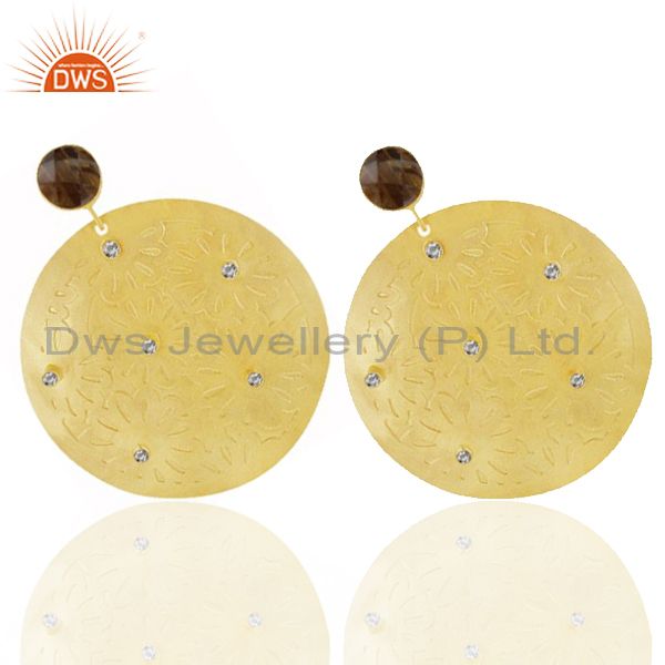 Exporter 24K Yellow Gold Plated Brass Smoky Quartz And CZ Disc Design Dangle Earrings