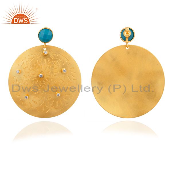 Exporter Handmade Turquoise And CZ 22K Yellow Gold Plated Brass Disc Dangle Earrings