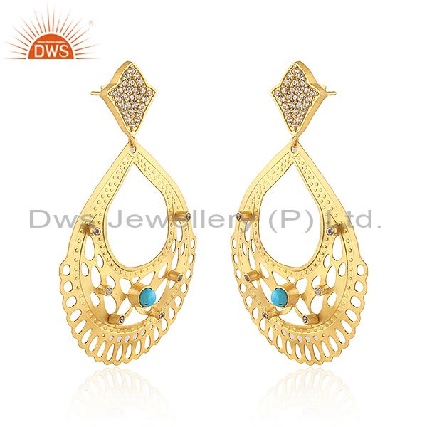 Exporter 24K Yellow Gold Plated Brass Turquoise And CZ Filigree Design Drop Earrings