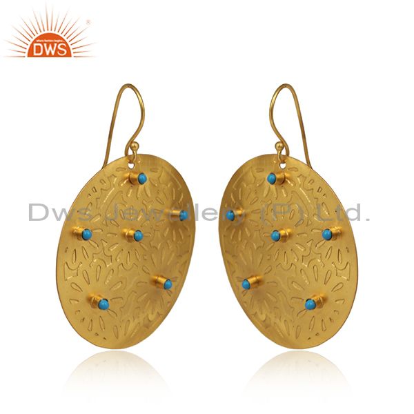 Exporter Turquoise Cultured Dangle 14K Yellow Gold Plated Brass Earrings Handmade Jewelry