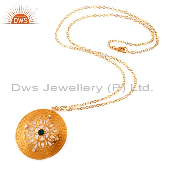 Exporter 24k Gold Plated Handmade Filigree Design Gemstone Green Onyx Pendant Necklace