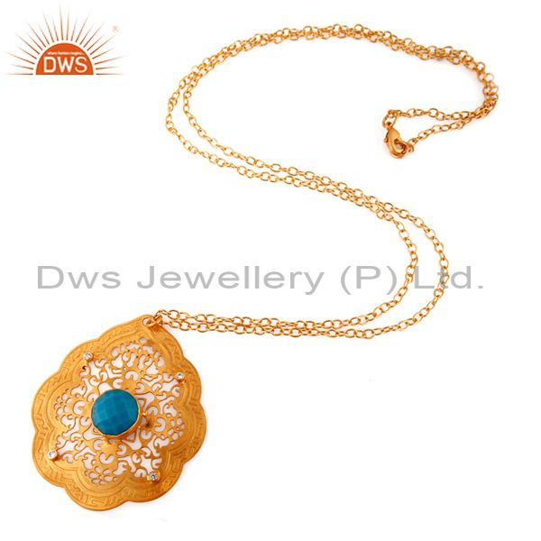 Exporter Handmade 22k Yellow Gold Plated Turquoise Gemstone Designer Pendant Necklace