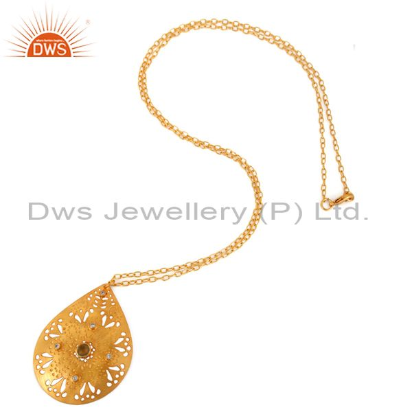Exporter 18K Gold Plated Handmade Lemon Topaz Gemstone Filigree Designs Pendant Necklace