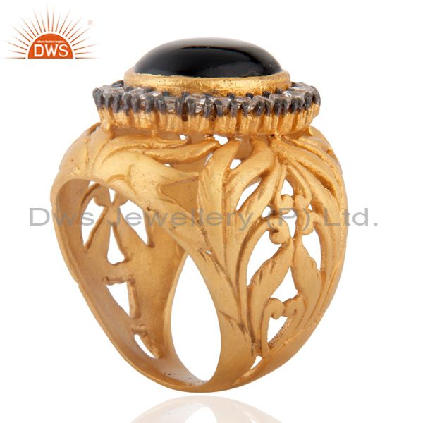Exporter 18K Yellow Gold-Plated Filigree Designs Black Onyx & CZ Handmade Ring Jewelry