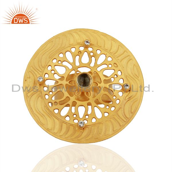 Exporter Lemon Topaz And CZ 24K Yellow Gold Plated Brass Filigree Cocktail Fashion Ring