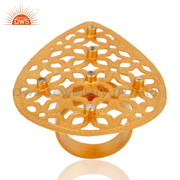 Exporter Handmade 24k Gold Plated Filigree Floral Design White Cubic Zirconia Ring