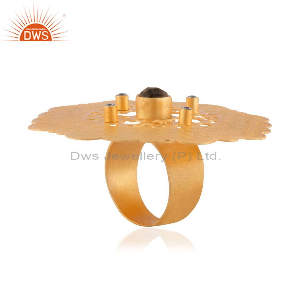 Exporter Large 18k Gold Finish Smoky Quartz Cocktail Fashion Zircon Ring Filigree Jewelry