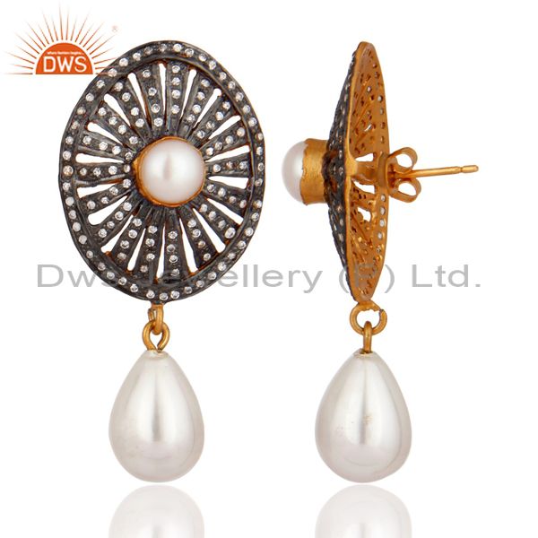 Exporter Pearl & Cubic Zirconia Dangle Earrings In 18K Gold Over Brass