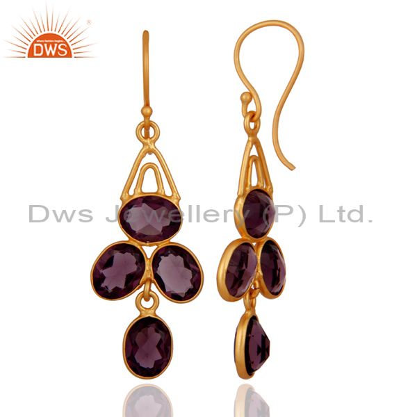 Exporter Handmade Natural Amethyst Gemstone Designer Dangle Earrings With 22k Gold Plated