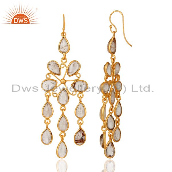 Exporter Natural Semi-Precious Gemstone Rutilated Quartz Handmade Gold Plated Earrings
