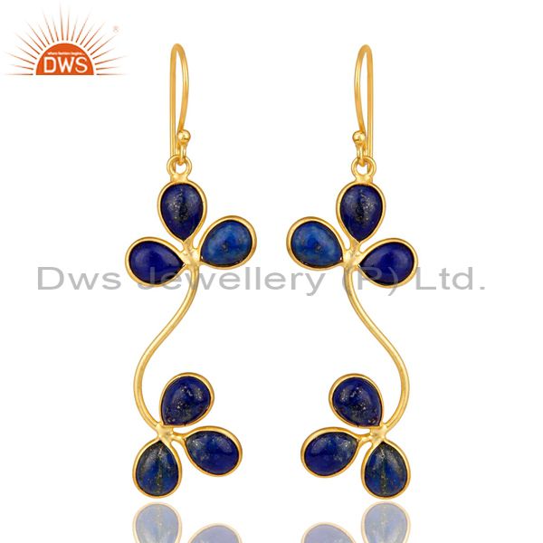 Exporter Handmade Lapis Lazuli Gemstone Dangle Earrings Made In 22K Gold Over Brass