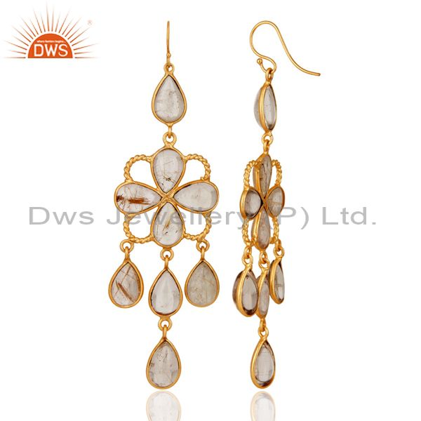 Exporter Untreated Natural Gemstone Rutilated Quartz 18K Yellow Gold Plated Earrings