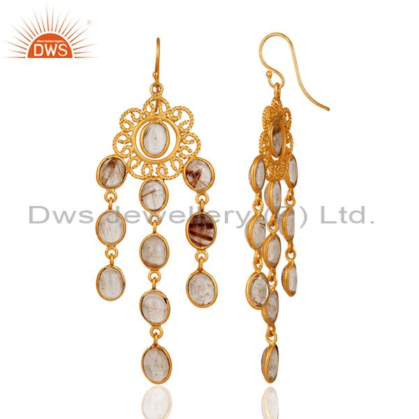 Exporter 14K Yellow Gold Plated Rutilated Quartz Gemstone Chandelier Earrings For Womens