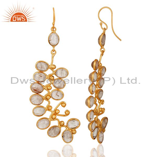 Exporter 24k Yellow Gold Plated Rutilated Quartz Gemstone Fashion Handmade Brass Earrings