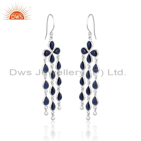 Cultured Blue Corundum Set Brass White Long Dangler Earrings