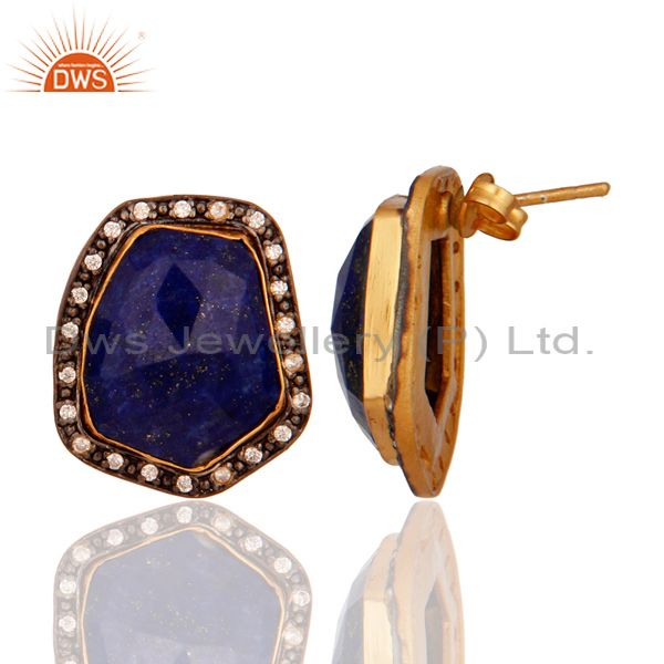 Exporter 18k Yellow Gold Plated Natural Lapis Lazuli Gemstone Women Stud Earrings