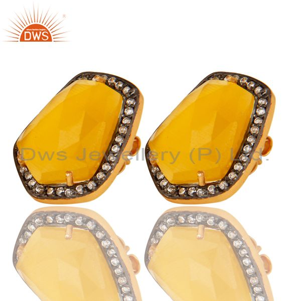 Exporter Yellow Moonstone 14K Gold Plated Sterling Silver Stud Earrings With CZ
