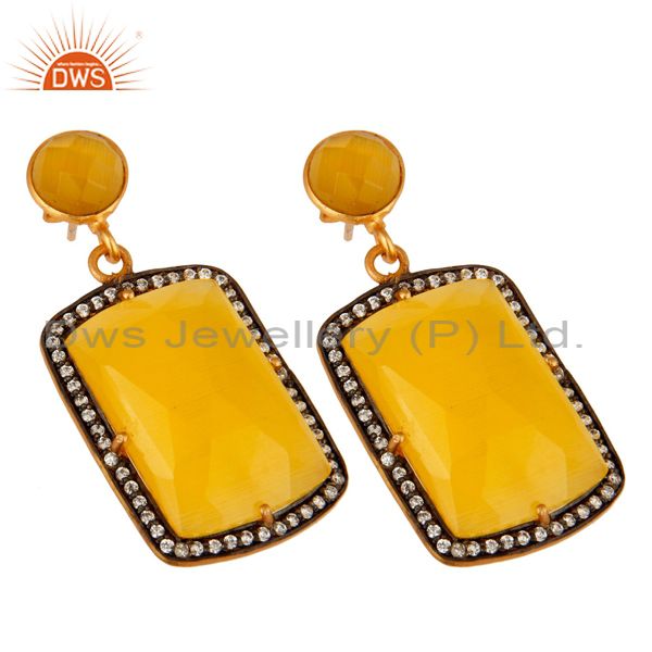 Exporter 18K Yellow Gold Plated Yellow Moonstone Prong Set Dangle Earrings With CZ