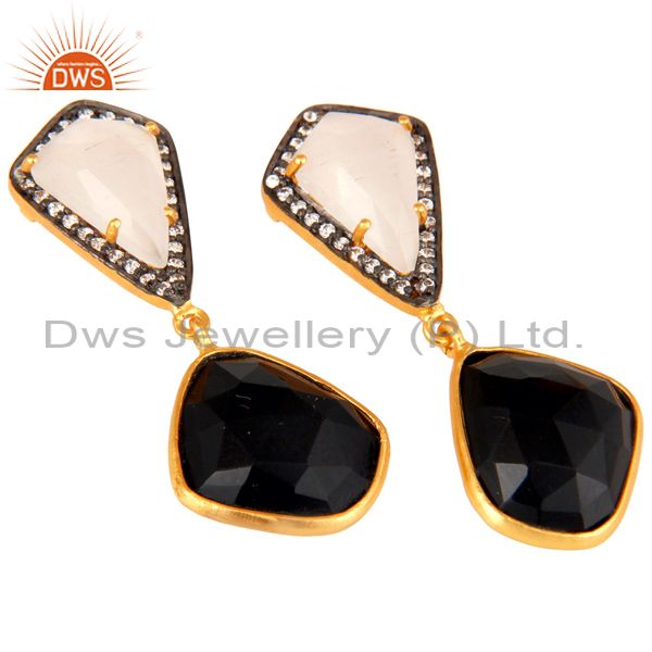Exporter White Moonstone Black Onyx and White CZ 18K Gold Plated Dangler Drop Earring