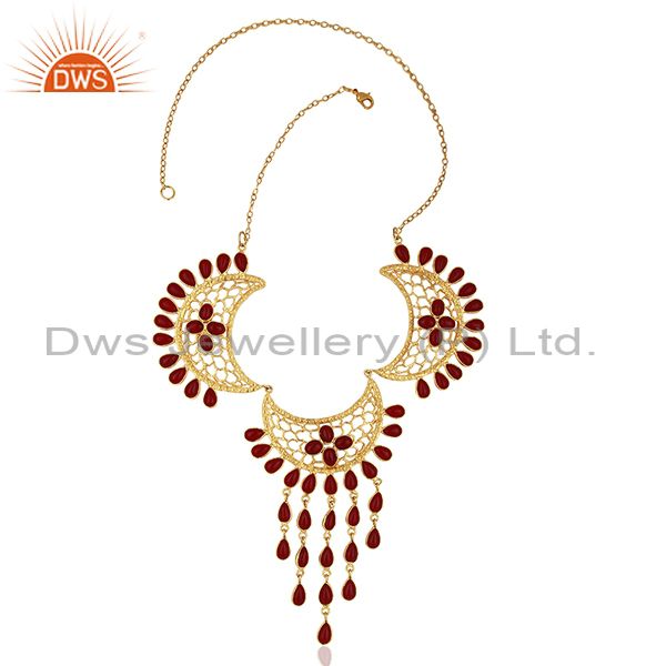 Exporter Hydro Pink Gemstone Gold Plated Designer Fashion Necklace Jewelry