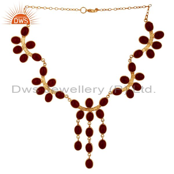 Exporter Bib-Style Necklace with RED Glass Gemstone Brass Hand crafted 18K Gold Plated J